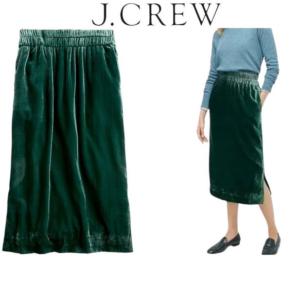 Jcrew NWT green velvet pull-on midi skirt with pockets size xs - Picture 1 of 8